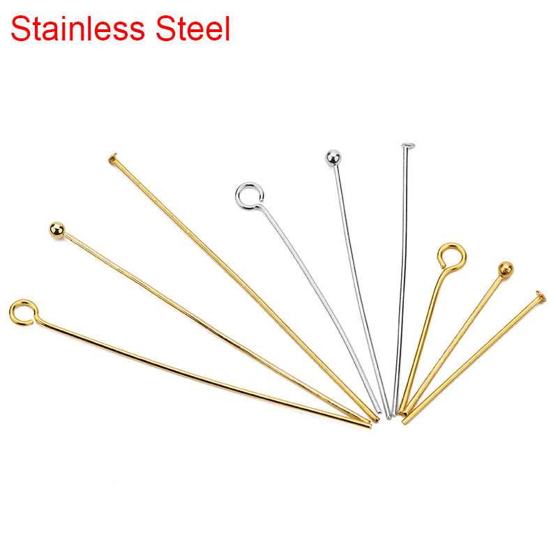Jewelry Making Rivets - ステンレス鋼のフラットアイヘッドピン,100個,20mm,30mm,40mm,金メッキボールビーズピン,DIYジュエリー作成