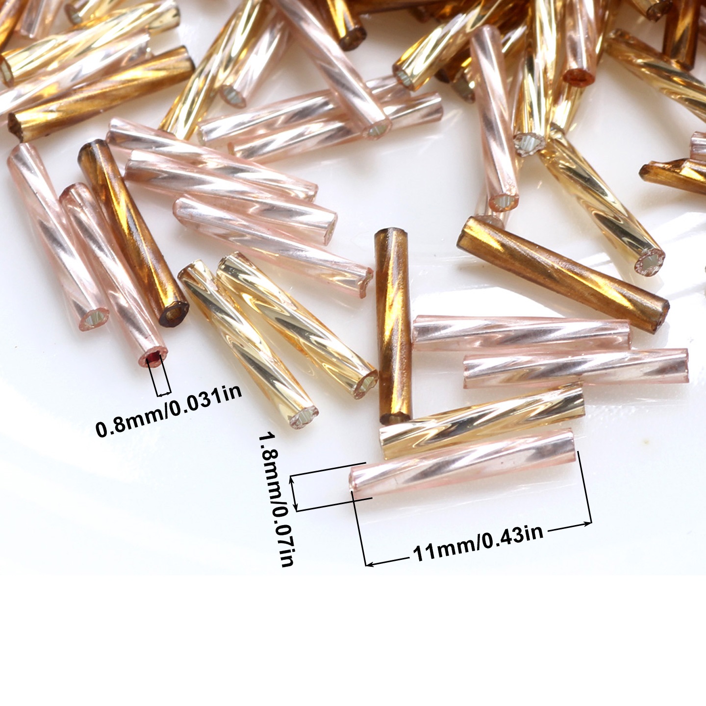 11mm、45g/ロット、ゴールドのねじり模様が入ったガラス - Seed Bead Tube のレビューと価格