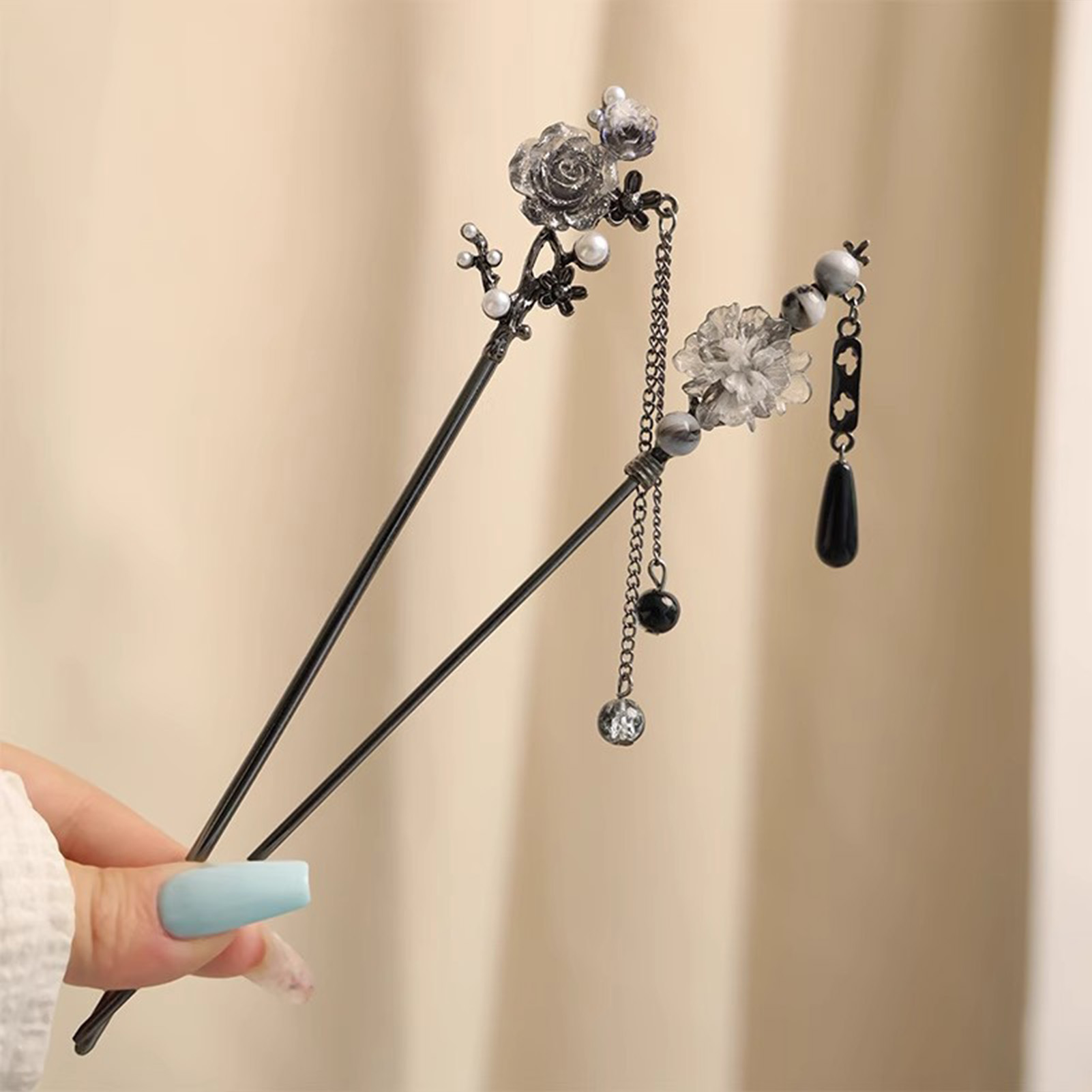 エレガントな花のヘアスティックフォーク合金ヘアクリップビーズ - Jewelry Making Parts のレビューと価格